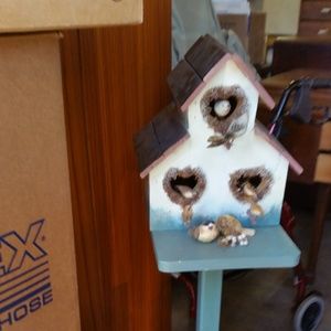 Birdhouse on stand hand painted with birds more in